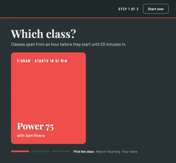 Step 1 of 3: Which class? with a large card for the next class and its teacher