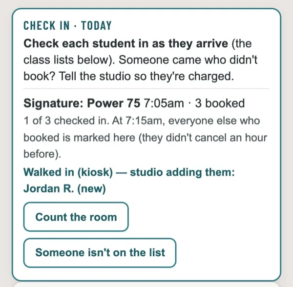 The Teacher Portal check-in card showing Walked in (kiosk): Jordan R. (new)
