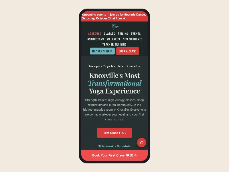 The Renegade Yoga home page on a phone