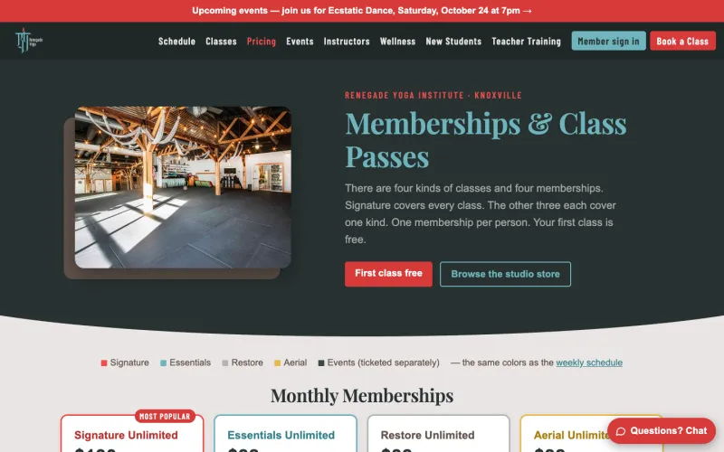 Renegade Yoga's pricing page