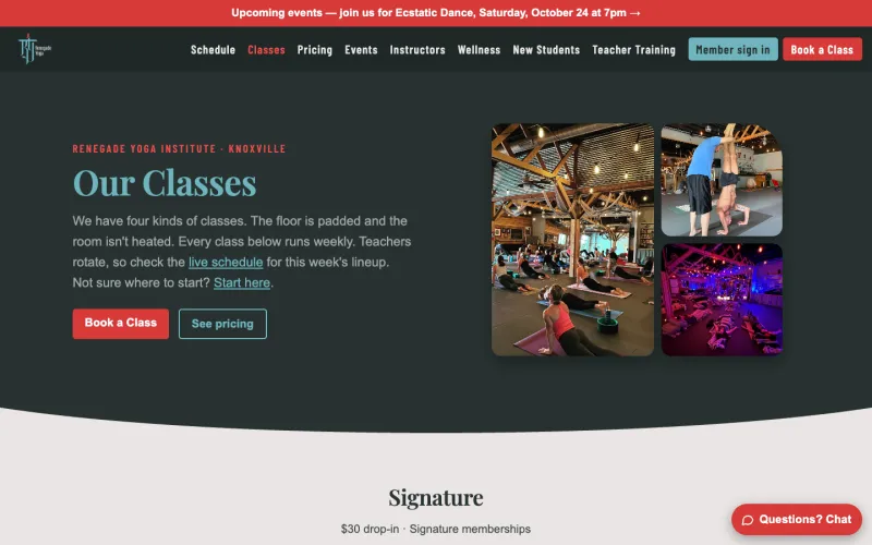 Renegade Yoga's classes page