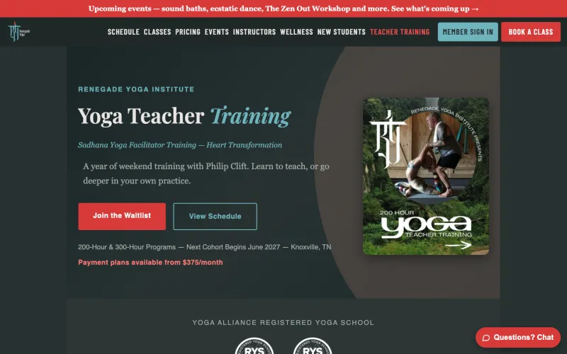 Renegade Yoga's teacher training page