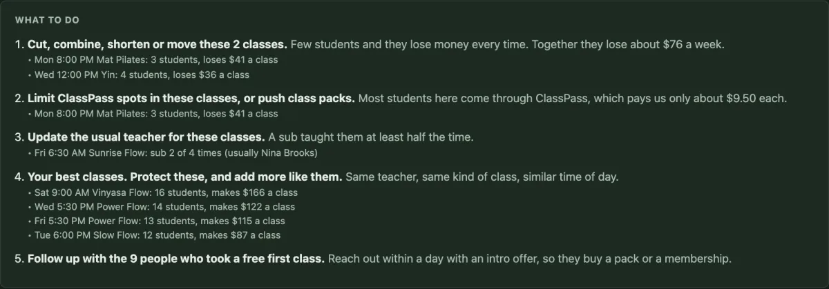 What to do: a numbered list naming classes to combine or move, and the studio's best classes