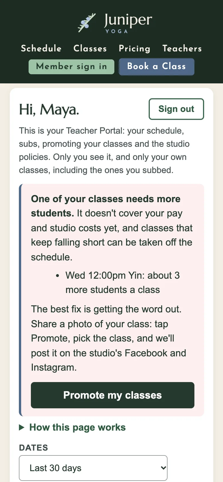 Teacher Portal home on a phone: classes taught, students per class and pay