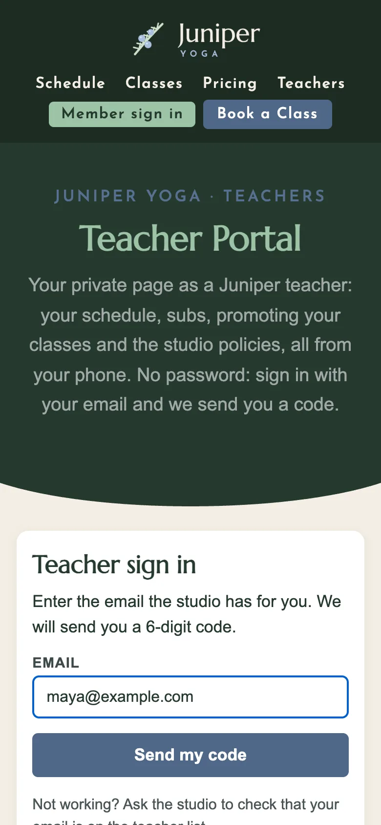 Teacher sign in: enter your email and we send a 6-digit code