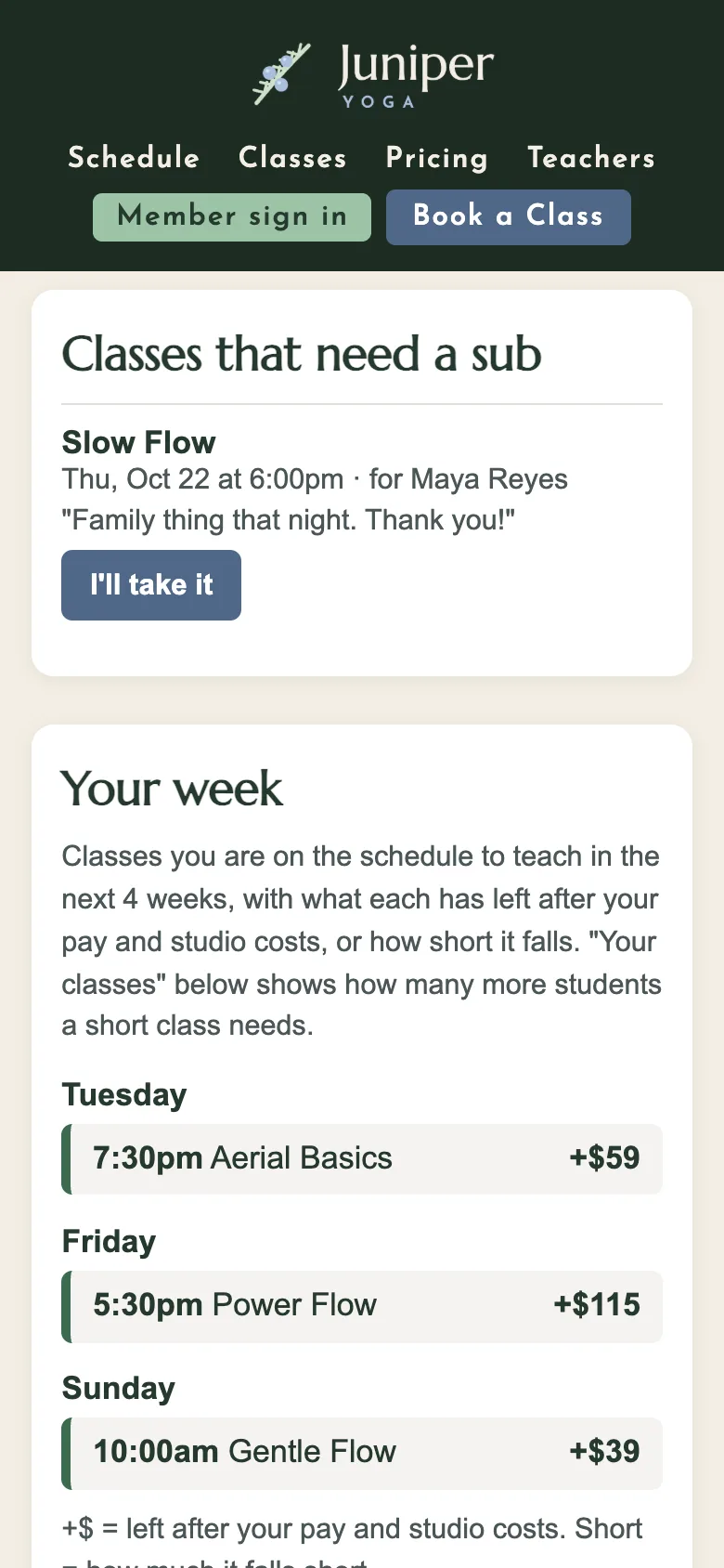 The Teacher Portal on a phone, listing classes that need a sub with an I'll take it button