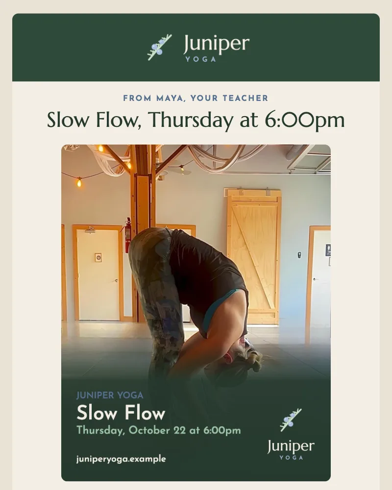 A Juniper Yoga email with the logo, a photo and a booking button