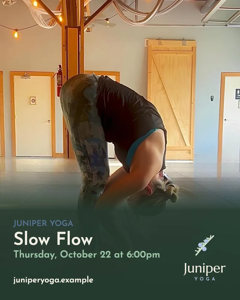 A Juniper Yoga flyer for Slow Flow with the logo on a green band