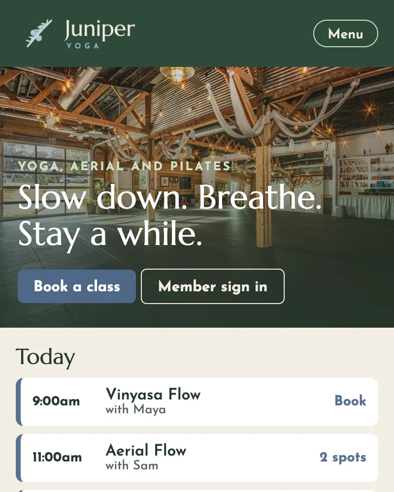 The top of the Juniper Yoga website: logo, menu and a Book a class button